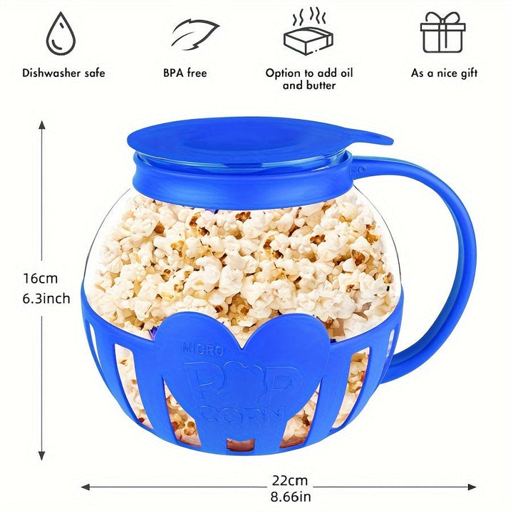 Glass Popcorn Maker, Heat-Resistant Borosilicate, 1.9 Litre Capacity | Red or Blue | Microwave Use, No Oil, Dishwasher Safe