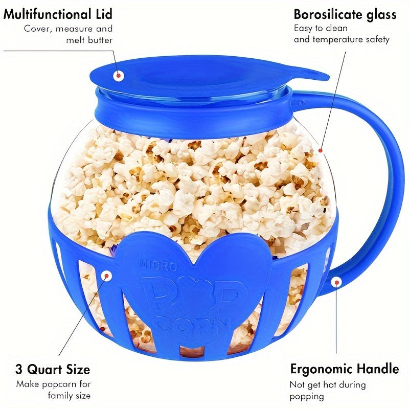 Glass Popcorn Maker, Heat-Resistant Borosilicate, 1.9 Litre Capacity | Red or Blue | Microwave Use, No Oil, Dishwasher Safe