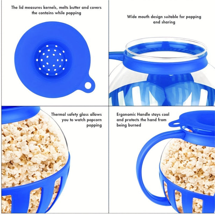 Glass Popcorn Maker, Heat-Resistant Borosilicate, 1.9 Litre Capacity | Red or Blue | Microwave Use, No Oil, Dishwasher Safe