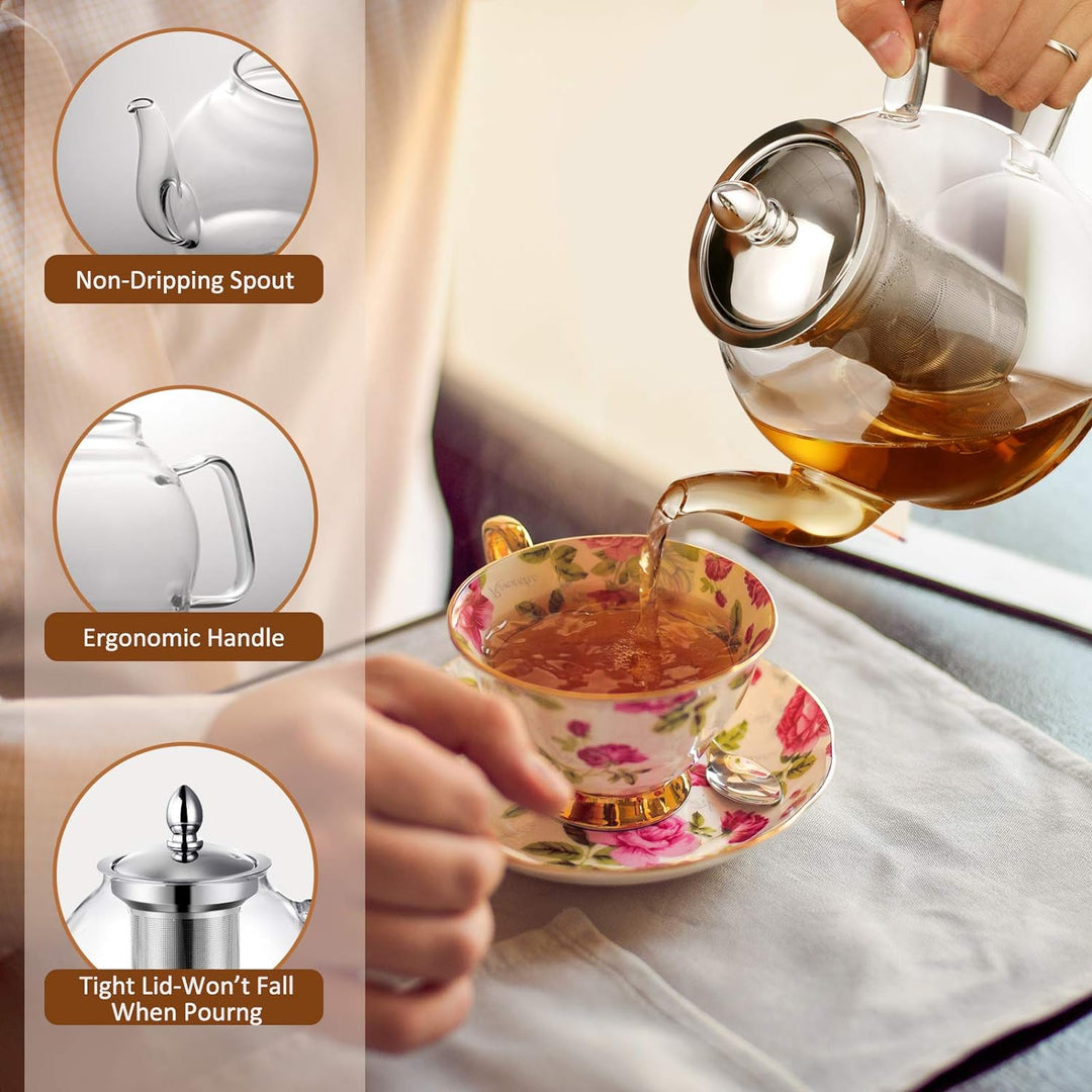Glass Teapot with Removable Infuser | 1000ml Borosilicate Glass, Non-Drip Spout | Blooming &amp; Loose Leaf Tea Brewer