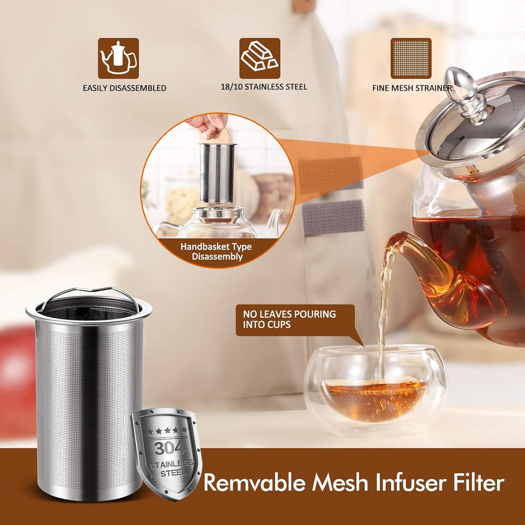 Glass Teapot with Removable Infuser | 1000ml Borosilicate Glass, Non-Drip Spout | Blooming &amp; Loose Leaf Tea Brewer