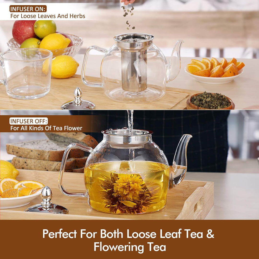 Glass Teapot with Removable Infuser | 1000ml Borosilicate Glass, Non-Drip Spout | Blooming &amp; Loose Leaf Tea Brewer