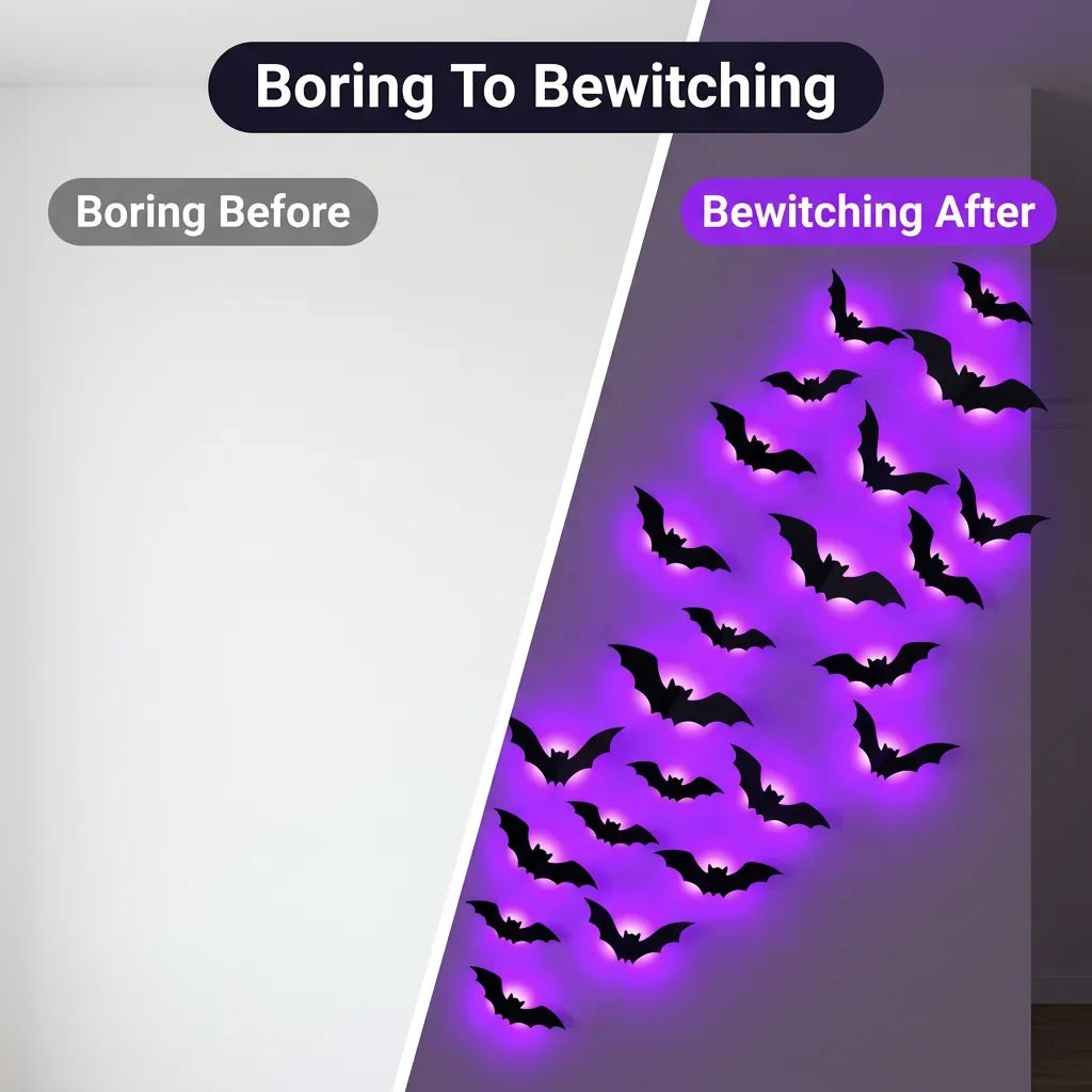 Glow-in-the-Dark LED Bat Stickers | Pack of 12 Halloween Wall Decals | Peel-and-Stick, No Wires, No Tools, Damage-Free