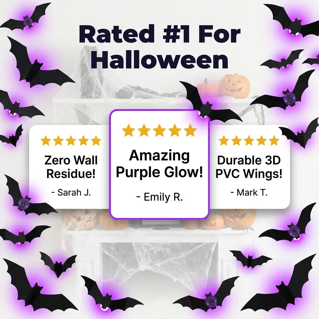 Glow-in-the-Dark LED Bat Stickers | Pack of 12 Halloween Wall Decals | Peel-and-Stick, No Wires, No Tools, Damage-Free