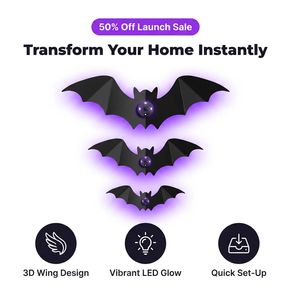 Glow-in-the-Dark LED Bat Stickers | Pack of 12 Halloween Wall Decals | Peel-and-Stick, No Wires, No Tools, Damage-Free