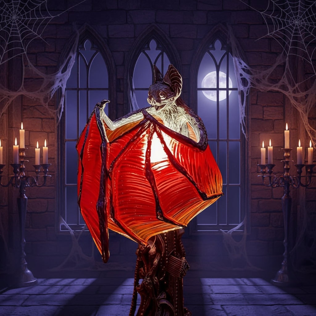 Gothic Bat Table Lamp Halloween Décor | Battery-Powered LED, No Cords | Translucent Red Wings, Molded Resin Base