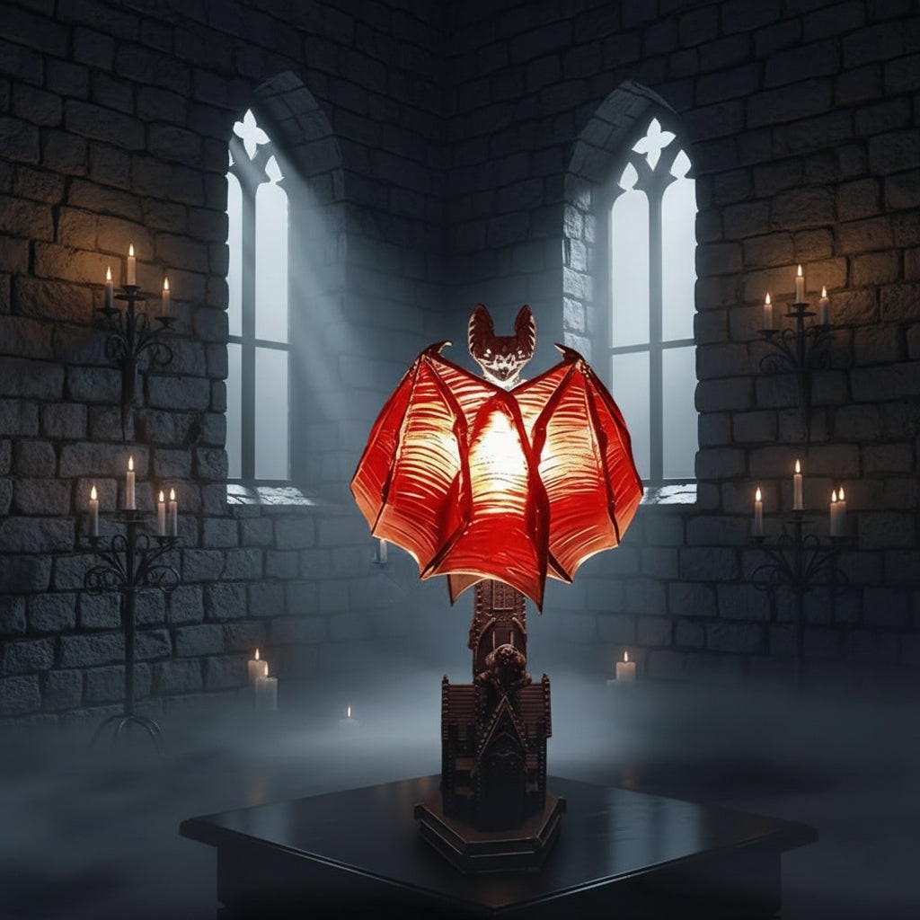Gothic Bat Table Lamp Halloween Décor | Battery-Powered LED, No Cords | Translucent Red Wings, Molded Resin Base