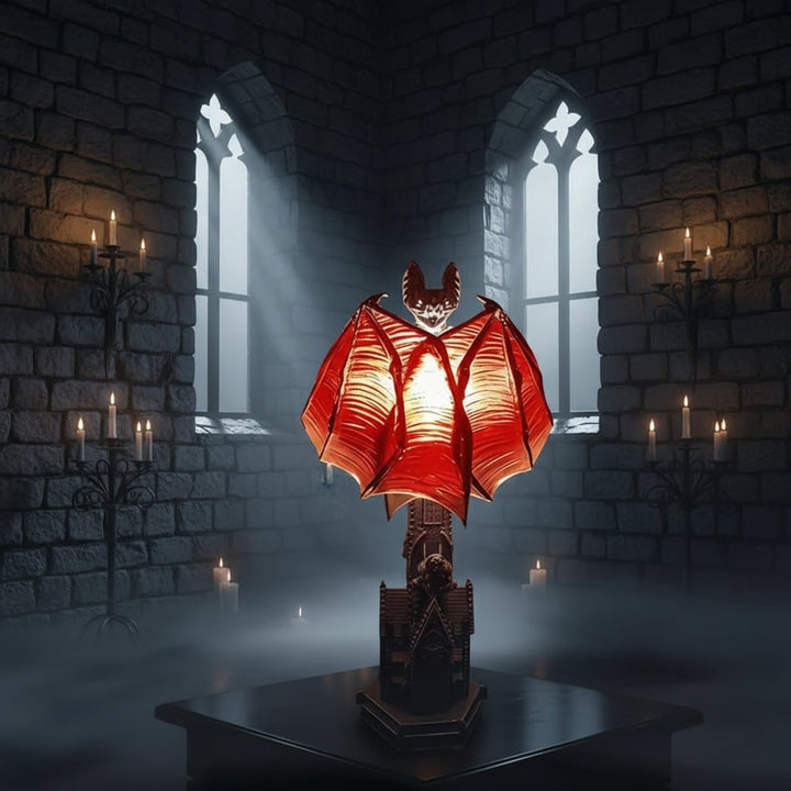 Gothic Bat Table Lamp Halloween Décor | Battery-Powered LED, No Cords | Translucent Red Wings, Molded Resin Base