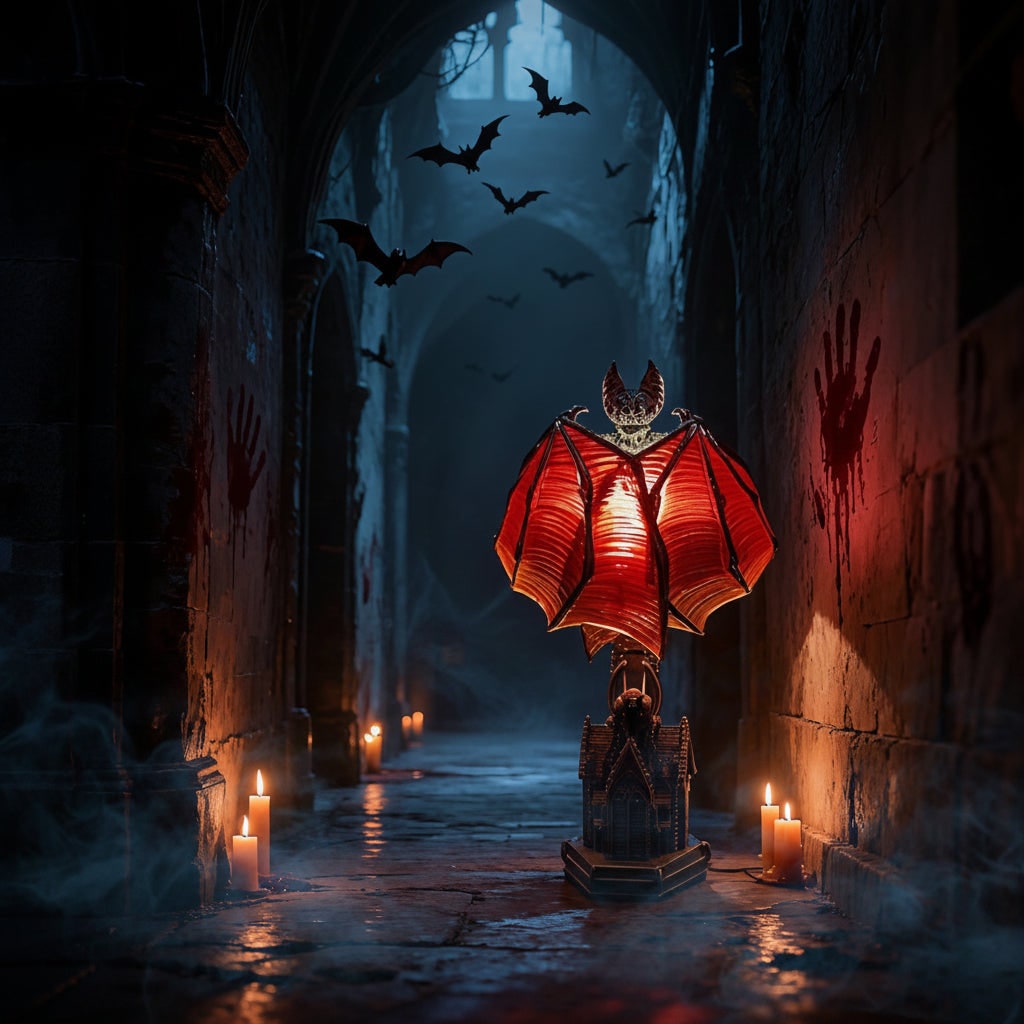 Gothic Bat Table Lamp Halloween Décor | Battery-Powered LED, No Cords | Translucent Red Wings, Molded Resin Base