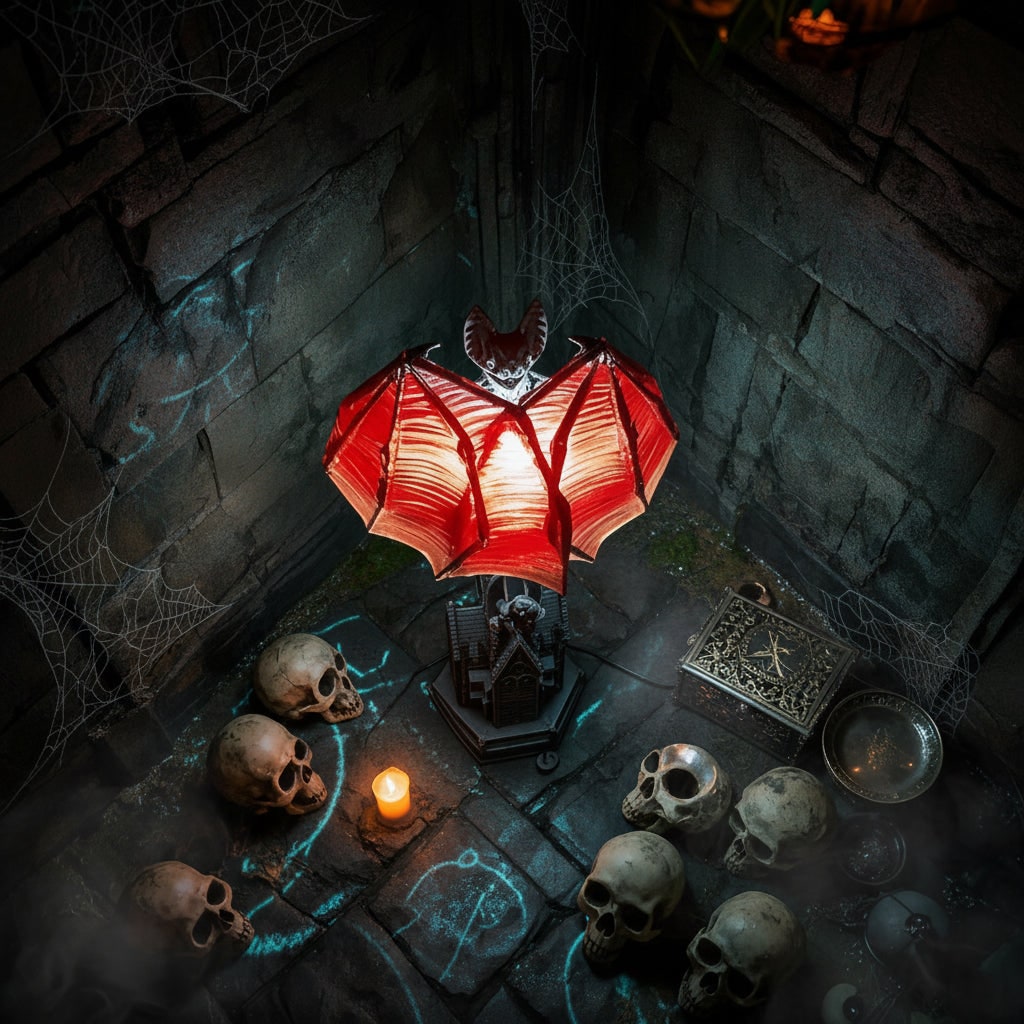 Gothic Bat Table Lamp Halloween Décor | Battery-Powered LED, No Cords | Translucent Red Wings, Molded Resin Base