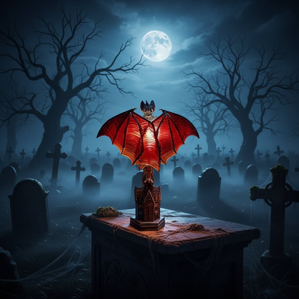 Gothic Bat Table Lamp Halloween Décor | Battery-Powered LED, No Cords | Translucent Red Wings, Molded Resin Base