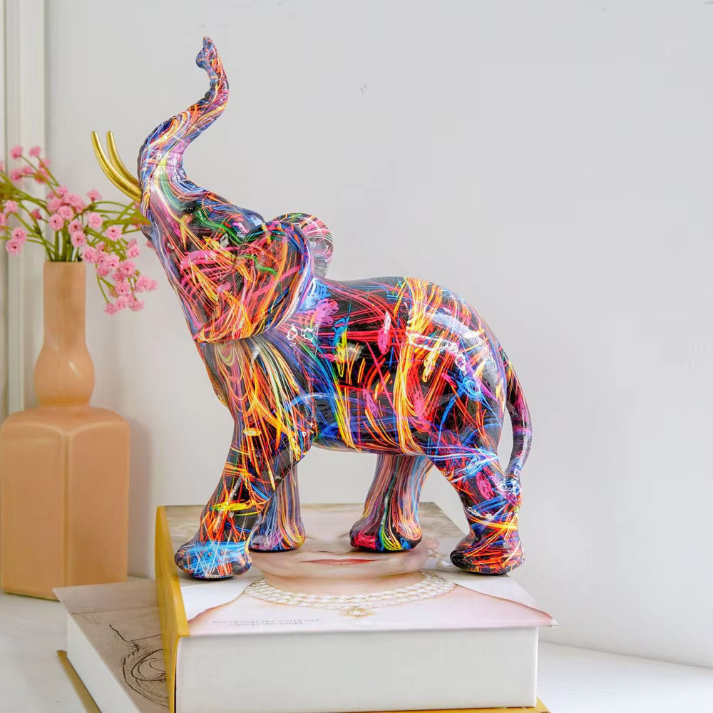 Graffiti Elephant Figurine Sculpture | Vibrant Multicolour Art Design | Compact Piece for Shelf, Desk &amp; Mantel Décor