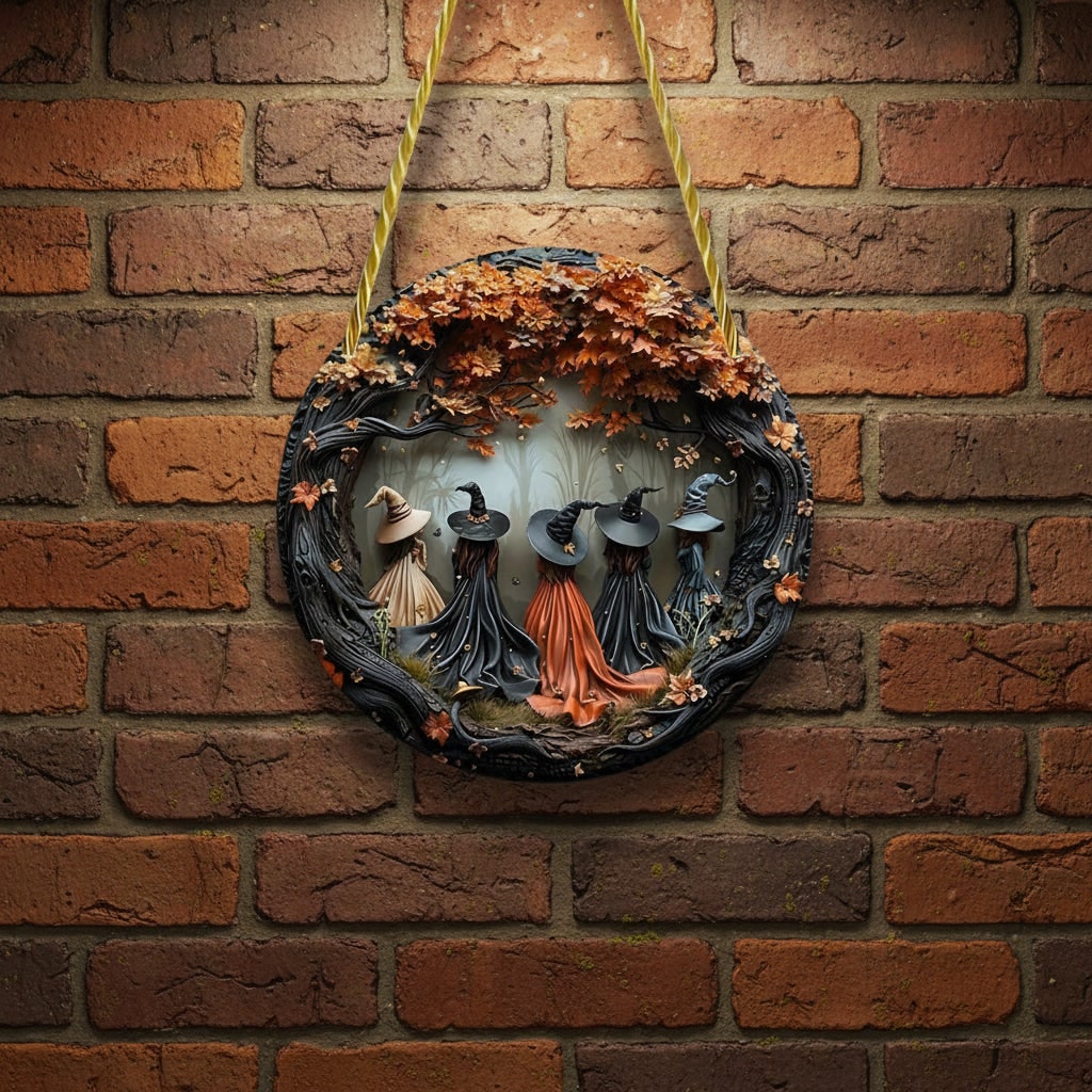 Halloween 3D Relief Wall Plaque | Witch Design with Gnarled Branch Border and Rope Hanger | Weather-Resistant Resin