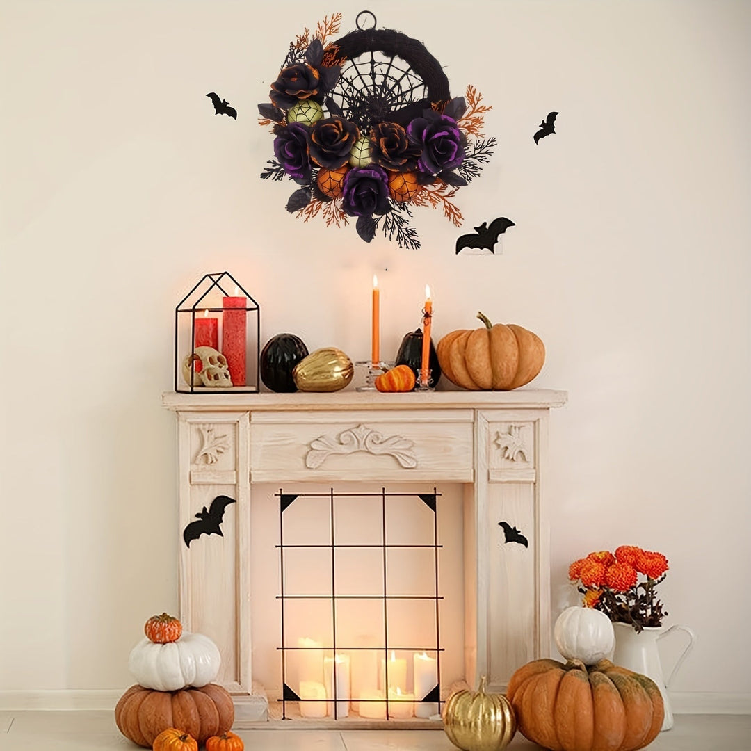 Halloween Door Wreath with Spiderweb Design | Black Roses, Glitter Ornaments &amp; Faux Leaves | No Batteries Needed