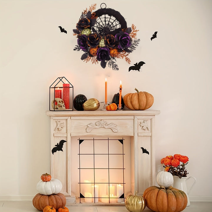 Halloween Door Wreath with Spiderweb Design | Black Roses, Glitter Ornaments &amp; Faux Leaves | No Batteries Needed