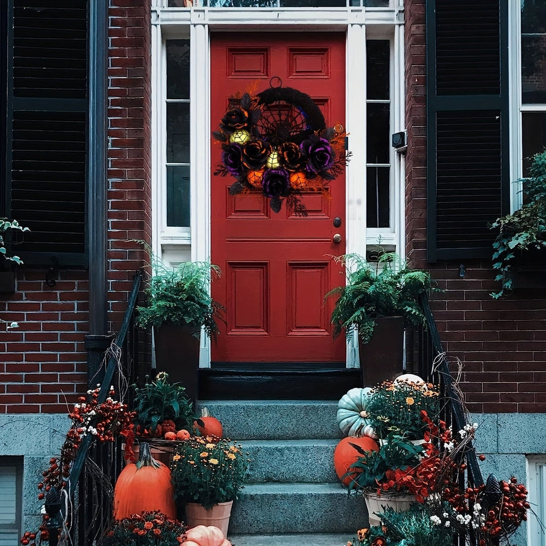 Halloween Door Wreath with Spiderweb Design | Black Roses, Glitter Ornaments &amp; Faux Leaves | No Batteries Needed