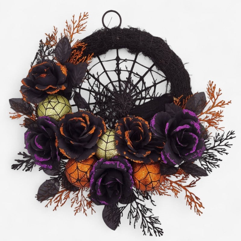 Halloween Door Wreath with Spiderweb Design | Black Roses, Glitter Ornaments &amp; Faux Leaves | No Batteries Needed