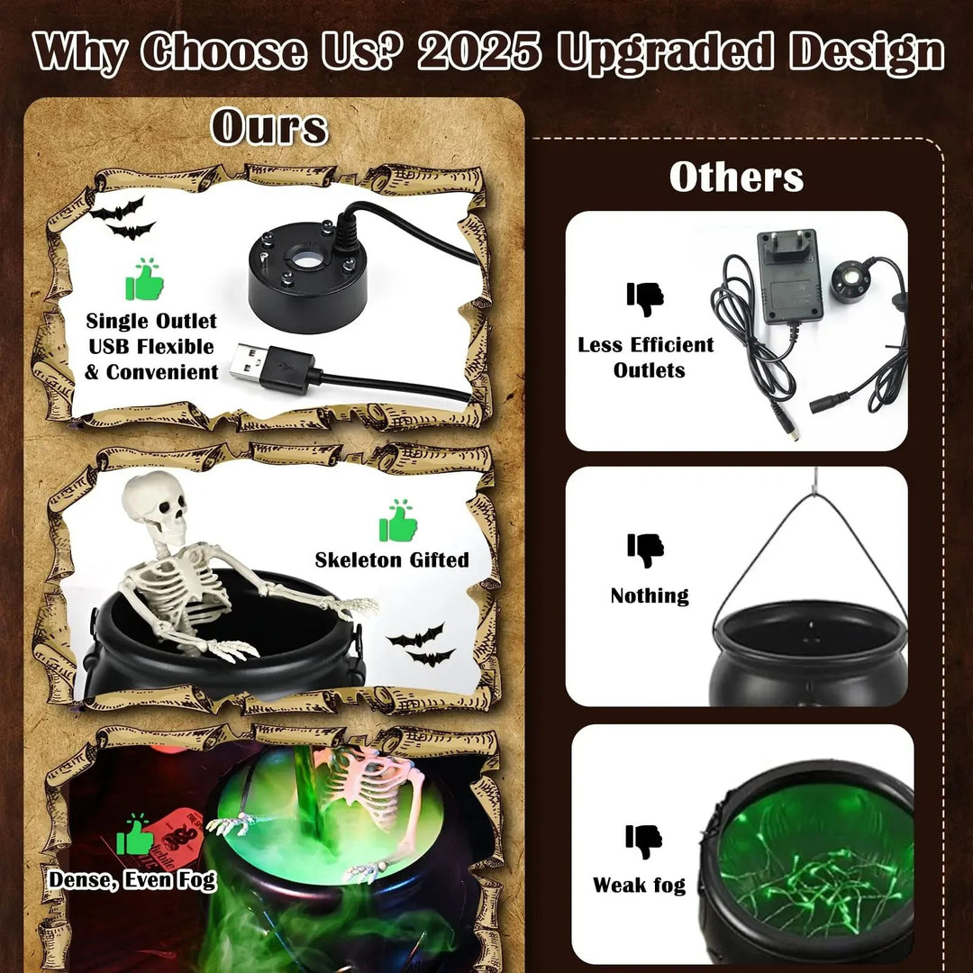 Halloween Fog Maker Cauldron with LED Skeleton Mist | Glowing Potion Effect | Reusable Party Centrepiece Decoration