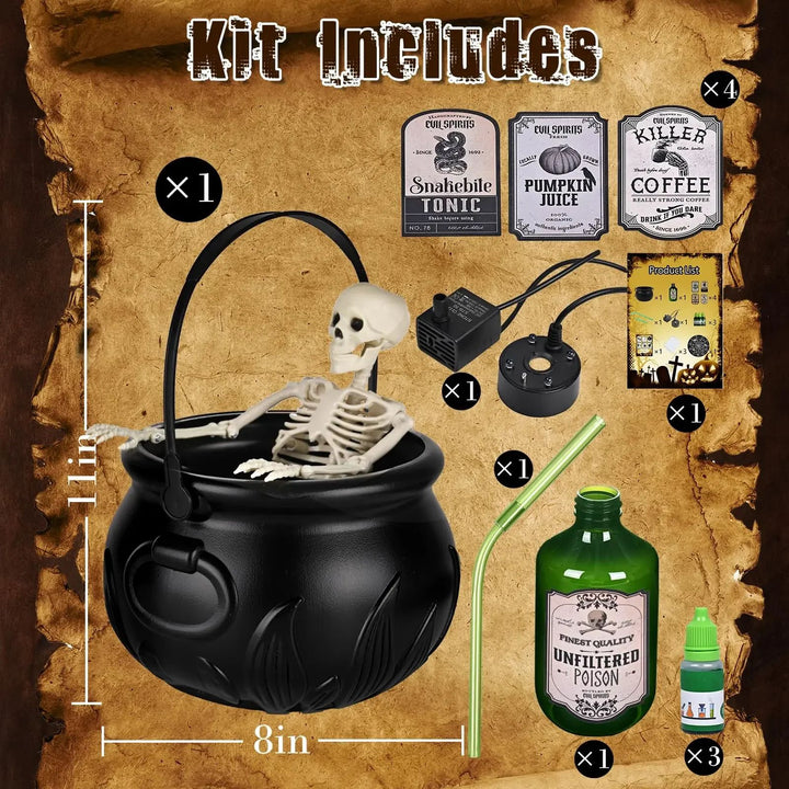 Halloween Fog Maker Cauldron with LED Skeleton Mist | Glowing Potion Effect | Reusable Party Centrepiece Decoration