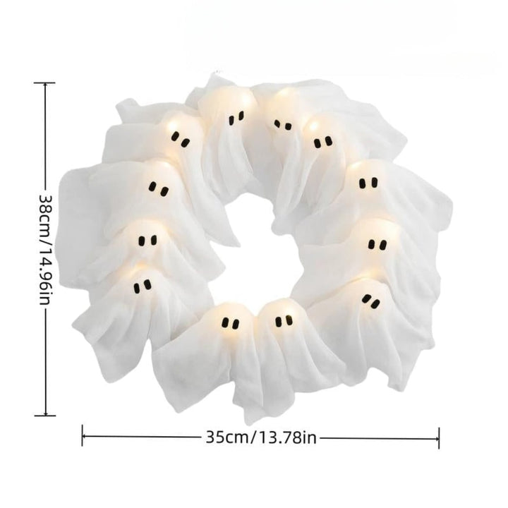 Halloween Ghost Wreath with LED Lights | Twelve Glowing Ghosts, 38 x 35 cm | Battery-Operated White Gauze Door Décor