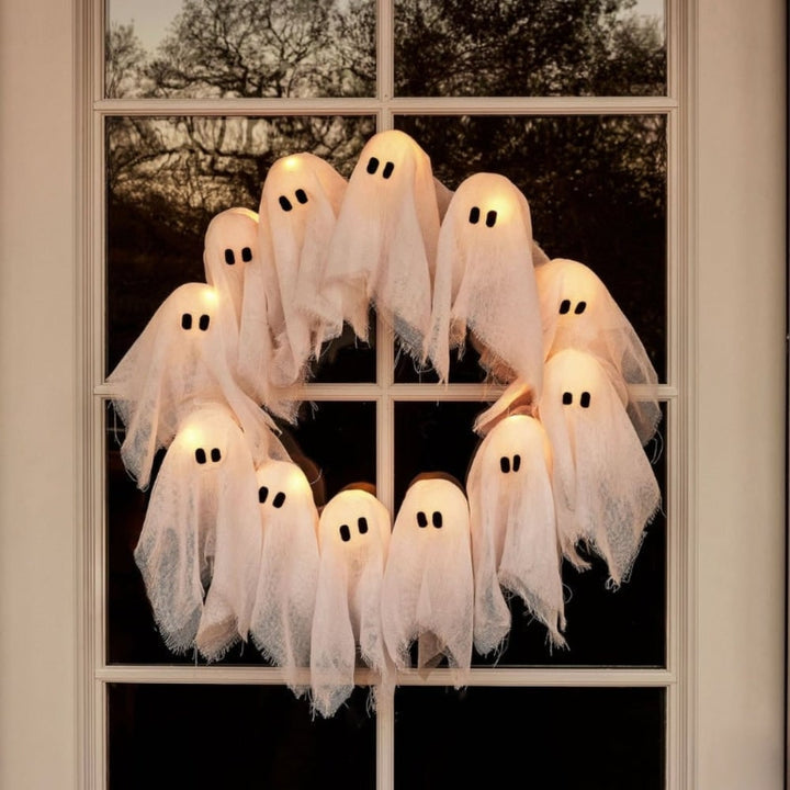 Halloween Ghost Wreath with LED Lights | Twelve Glowing Ghosts, 38 x 35 cm | Battery-Operated White Gauze Door Décor