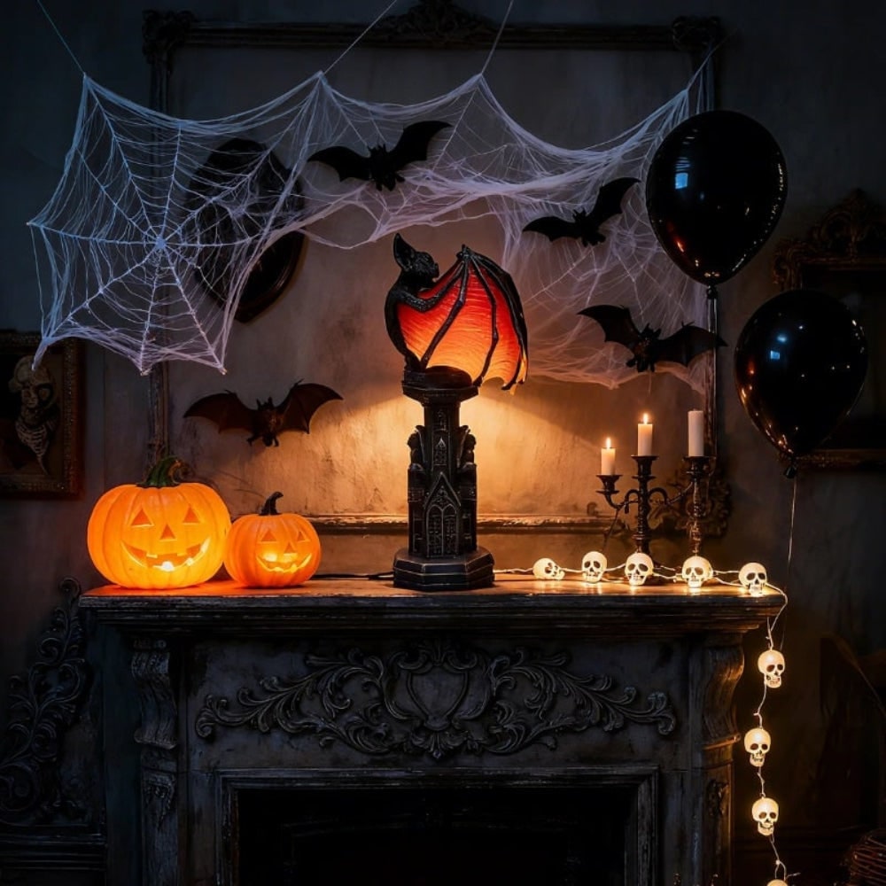 Halloween LED Bat Lamp Gothic Décor | Translucent Ribbed Wings &amp; Cathedral Base | Metal Body, Warm Amber Glow for Tabletop Display