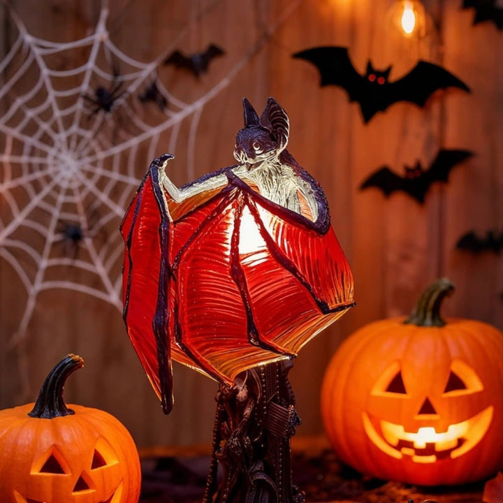 Halloween LED Bat Lamp Gothic Décor | Translucent Ribbed Wings &amp; Cathedral Base | Metal Body, Warm Amber Glow for Tabletop Display
