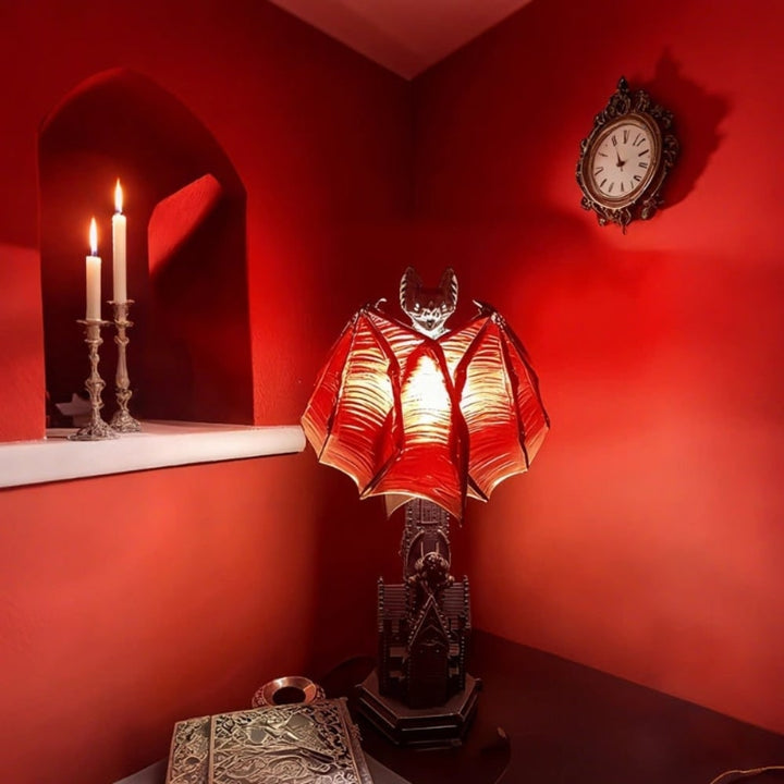 Halloween LED Bat Lamp Gothic Décor | Translucent Ribbed Wings &amp; Cathedral Base | Metal Body, Warm Amber Glow for Tabletop Display