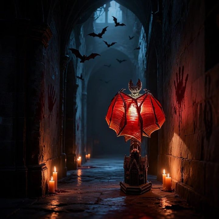 Halloween LED Bat Lamp Gothic Décor | Translucent Ribbed Wings &amp; Cathedral Base | Metal Body, Warm Amber Glow for Tabletop Display