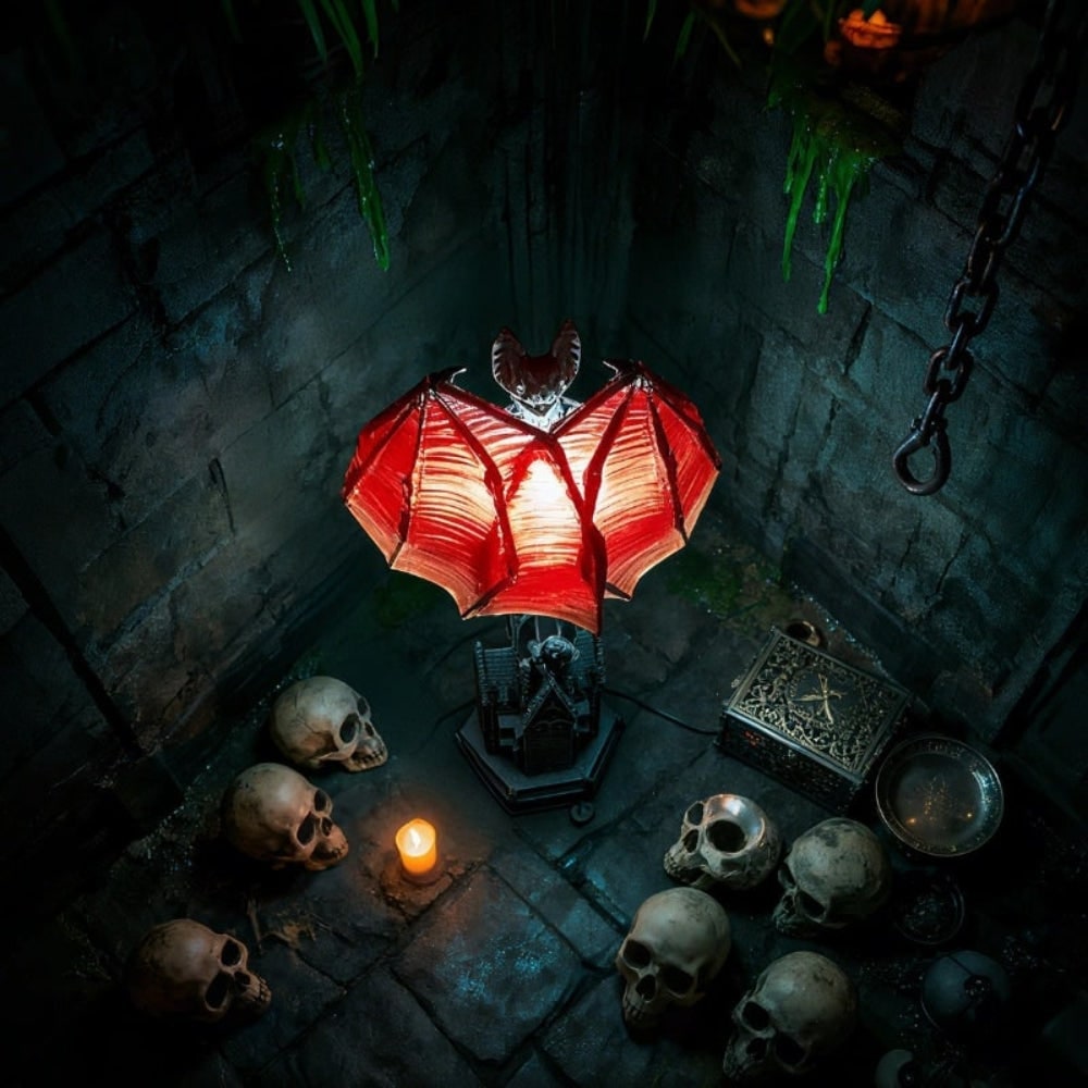 Halloween LED Bat Lamp Gothic Décor | Translucent Ribbed Wings &amp; Cathedral Base | Metal Body, Warm Amber Glow for Tabletop Display