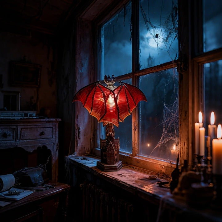 Halloween LED Bat Lamp Gothic Décor | Translucent Ribbed Wings &amp; Cathedral Base | Metal Body, Warm Amber Glow for Tabletop Display