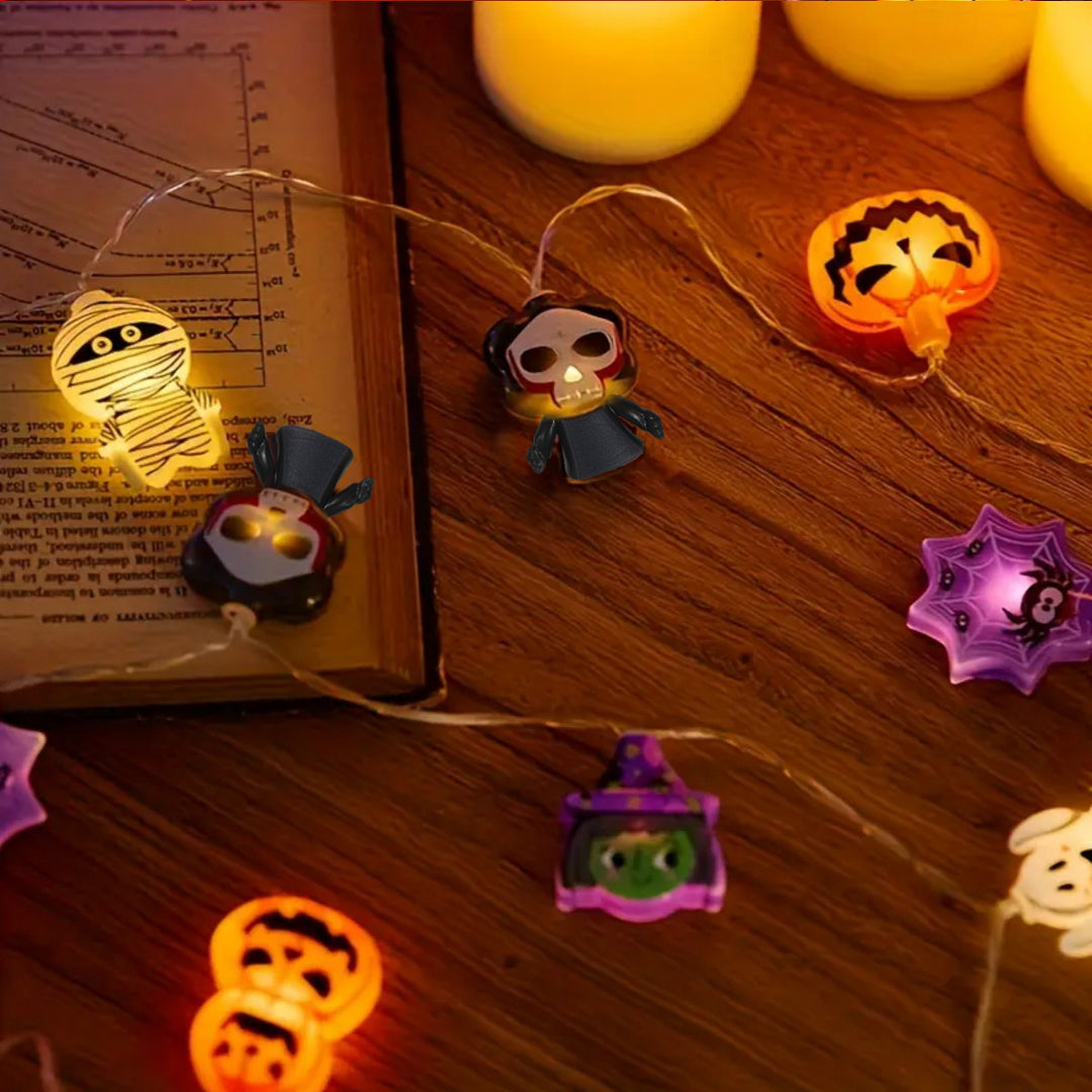 Halloween LED String Lights | Ghost Witch Cat Pumpkin Spider Web Skeleton Designs | Battery Powered Party Decor
