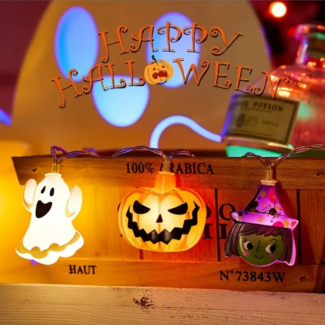 Halloween LED String Lights | Ghost Witch Cat Pumpkin Spider Web Skeleton Designs | Battery Powered Party Decor