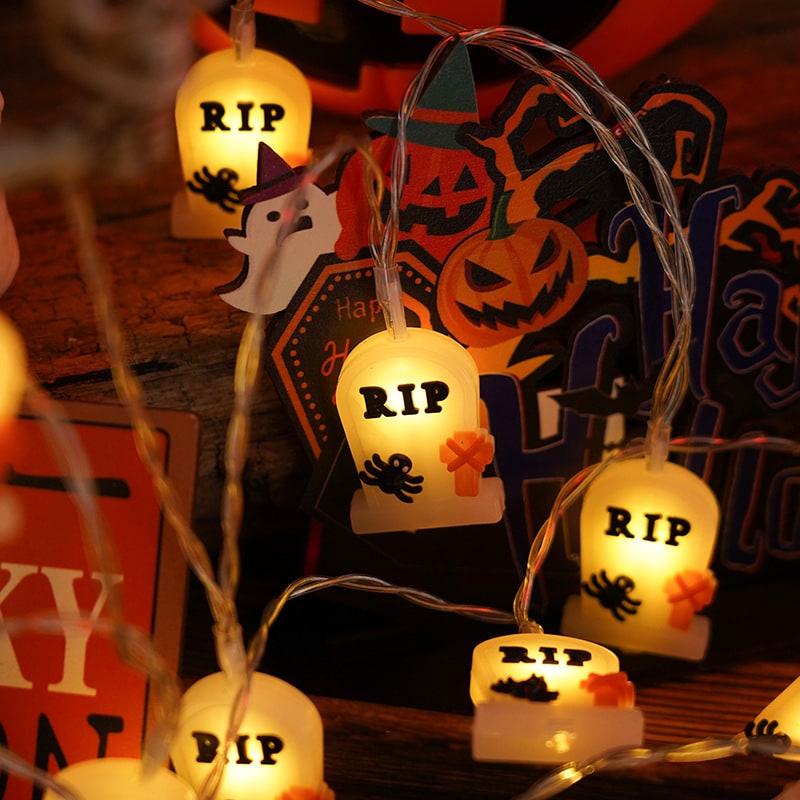 Halloween String Lights Battery Operated | 10, 20 or 40 LED Warm White | Pumpkin, Ghost, Bat &amp; Tombstone Covers