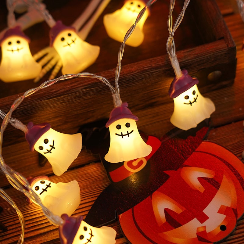 Halloween String Lights Battery Operated | 10, 20 or 40 LED Warm White | Pumpkin, Ghost, Bat &amp; Tombstone Covers