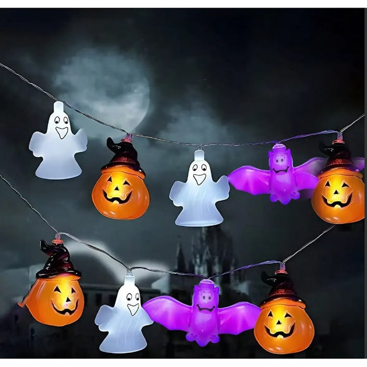 Halloween String Lights Battery Operated | 10, 20 or 40 LED Warm White | Pumpkin, Ghost, Bat &amp; Tombstone Covers