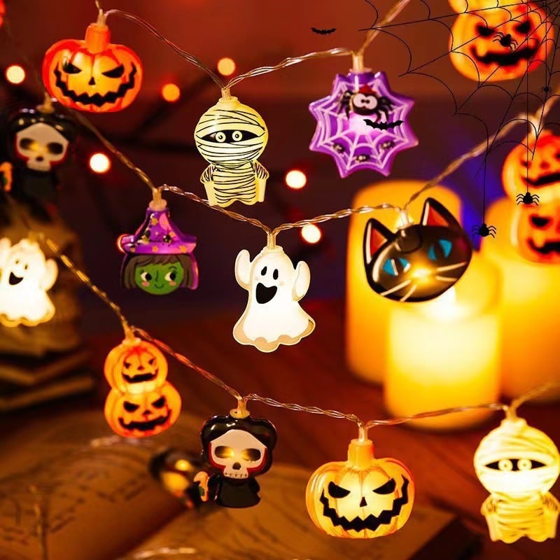 Halloween String Lights Battery Operated | 10, 20 or 40 LED Warm White | Pumpkin, Ghost, Bat &amp; Tombstone Covers