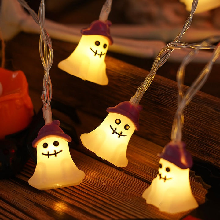 Halloween String Lights Battery Operated | 10, 20 or 40 LED Warm White | Pumpkin, Ghost, Bat &amp; Tombstone Covers