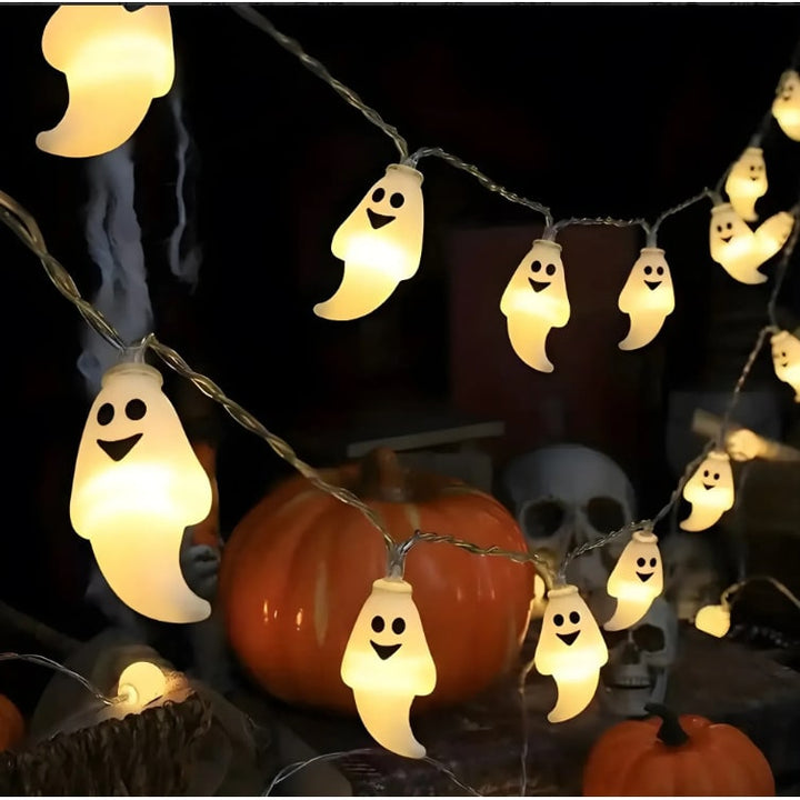Halloween String Lights Battery Operated | 10, 20 or 40 LED Warm White | Pumpkin, Ghost, Bat &amp; Tombstone Covers