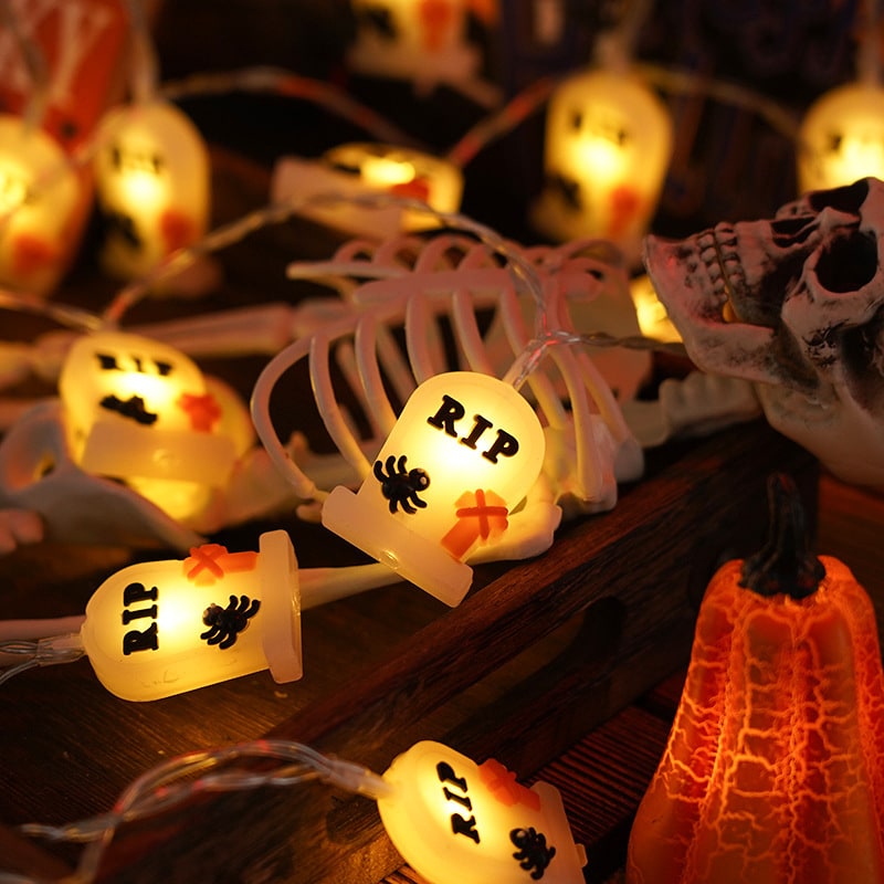 Halloween String Lights Battery Operated | 10, 20 or 40 LED Warm White | Pumpkin, Ghost, Bat &amp; Tombstone Covers