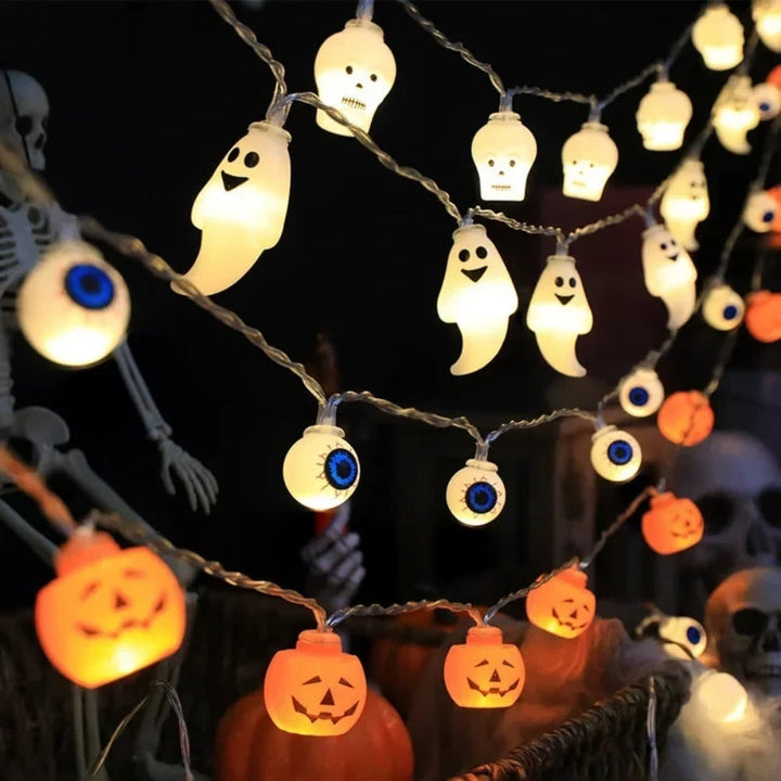 Halloween String Lights LED, Battery Operated | Pumpkin, Ghost, Skull, Eyeball &amp; Assorted Shapes | Weather-Resistant Wire