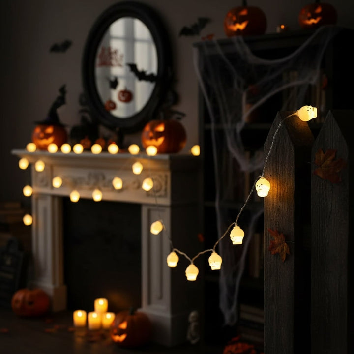 Halloween String Lights LED, Battery Operated | Pumpkin, Ghost, Skull, Eyeball &amp; Assorted Shapes | Weather-Resistant Wire