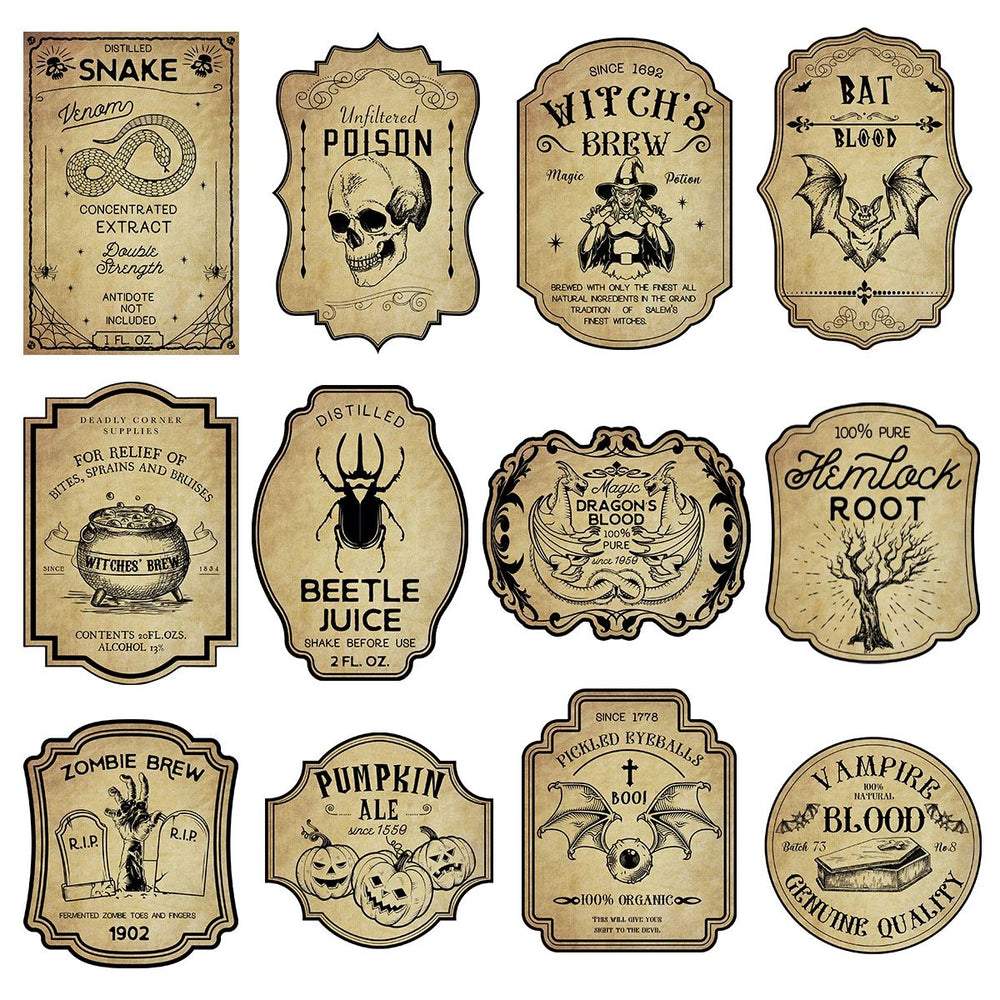 Halloween Wine Bottle Labels Vintage Witch Potion Theme | 24pcs Self-Adhesive Stickers | Gothic Horror Paperboard Party Decor