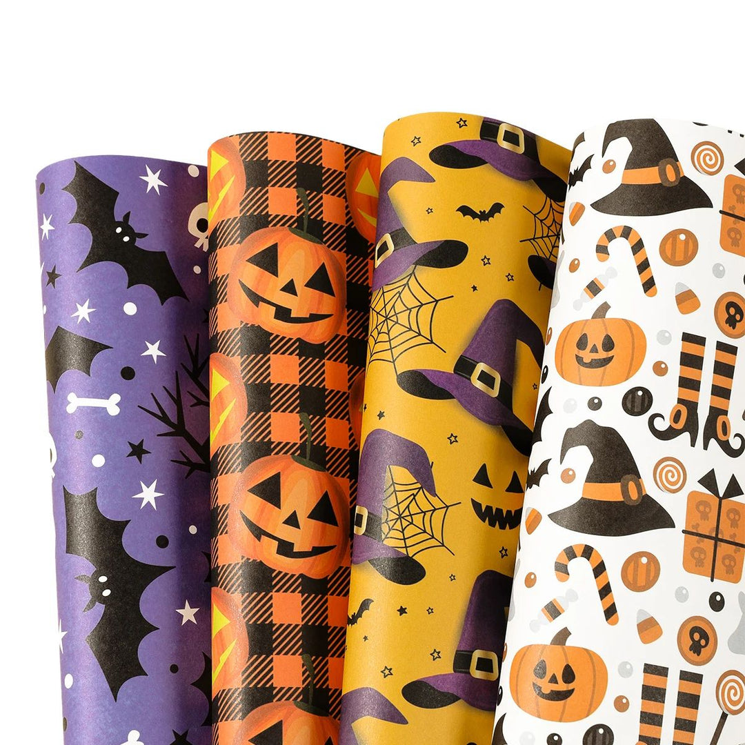 Halloween Wrapping Paper Ghost, Pumpkin & Bat Pattern | 4-Sheet Tissue Paper Set | Lightweight Gift Wrap for Crafts