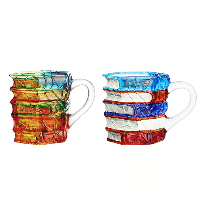 Hand-Painted Drinking Glass Stack of Books 191 ml | Lead-Free Soda-Lime Glass, 9 x 7 cm | Hand-Blown Unique Design