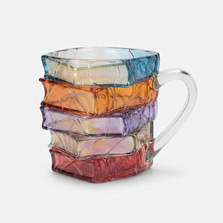 Hand-Painted Drinking Glass Stack of Books 191 ml | Lead-Free Soda-Lime Glass, 9 x 7 cm | Hand-Blown Unique Design