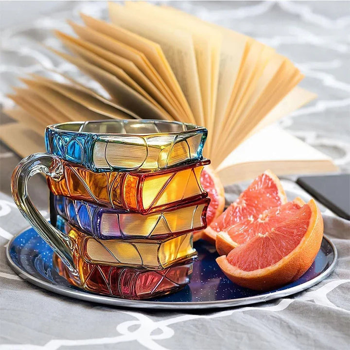 Hand-Painted Drinking Glass Stack of Books 191 ml | Lead-Free Soda-Lime Glass, 9 x 7 cm | Hand-Blown Unique Design