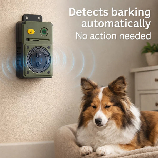 Hands-Free Automatic Bark Control | Ultrasonic Wall-Mounted Deterrent for Day and Night Use