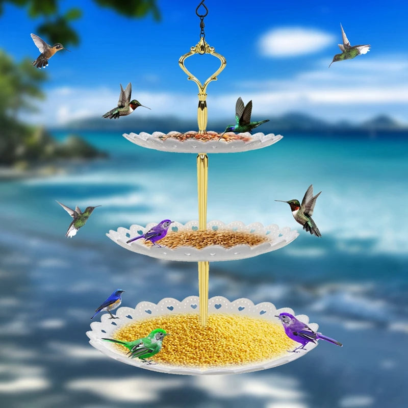Hanging Bird Feeder & Bird Bath Combo Weatherproof Plastic | 3-Tier Feeding, Watering & Bathing Zones | Garden Décor