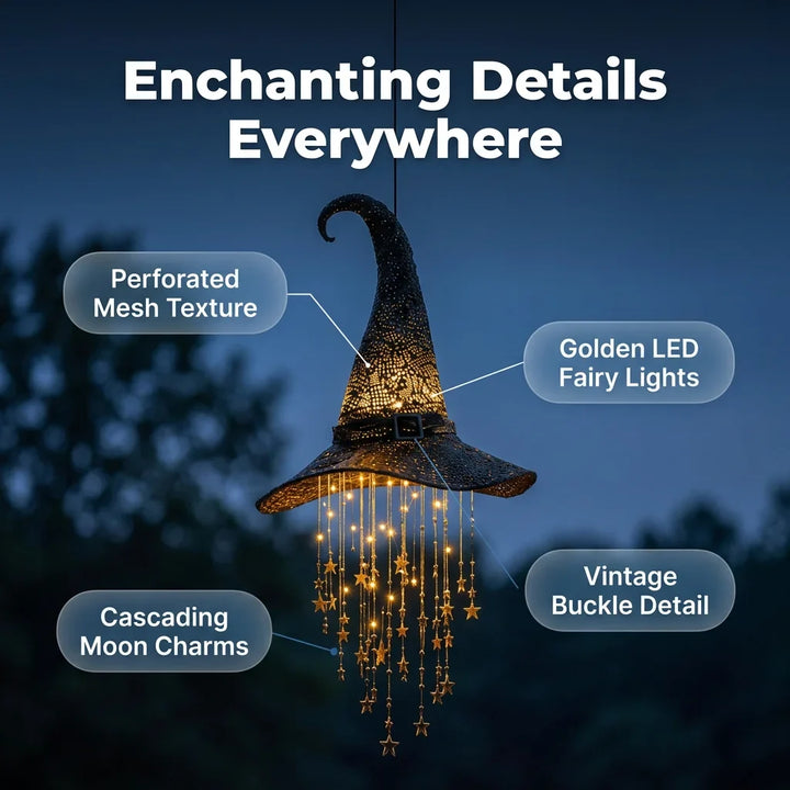 Hanging Witch Hat Light Halloween Decoration | Cascading LED Stars &amp; Moons | Battery-Powered, Glows Up to 30 Days